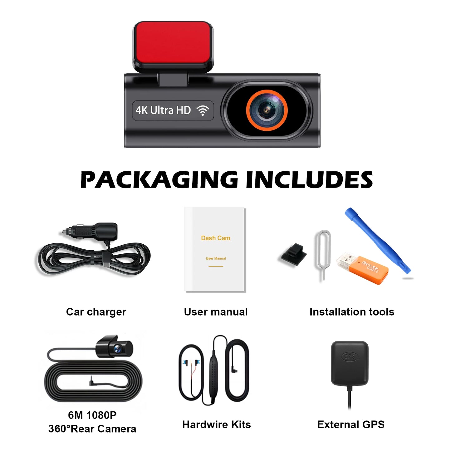 Dual-Lens 4K Dash Cam with Rear Camera (SD Card Included)