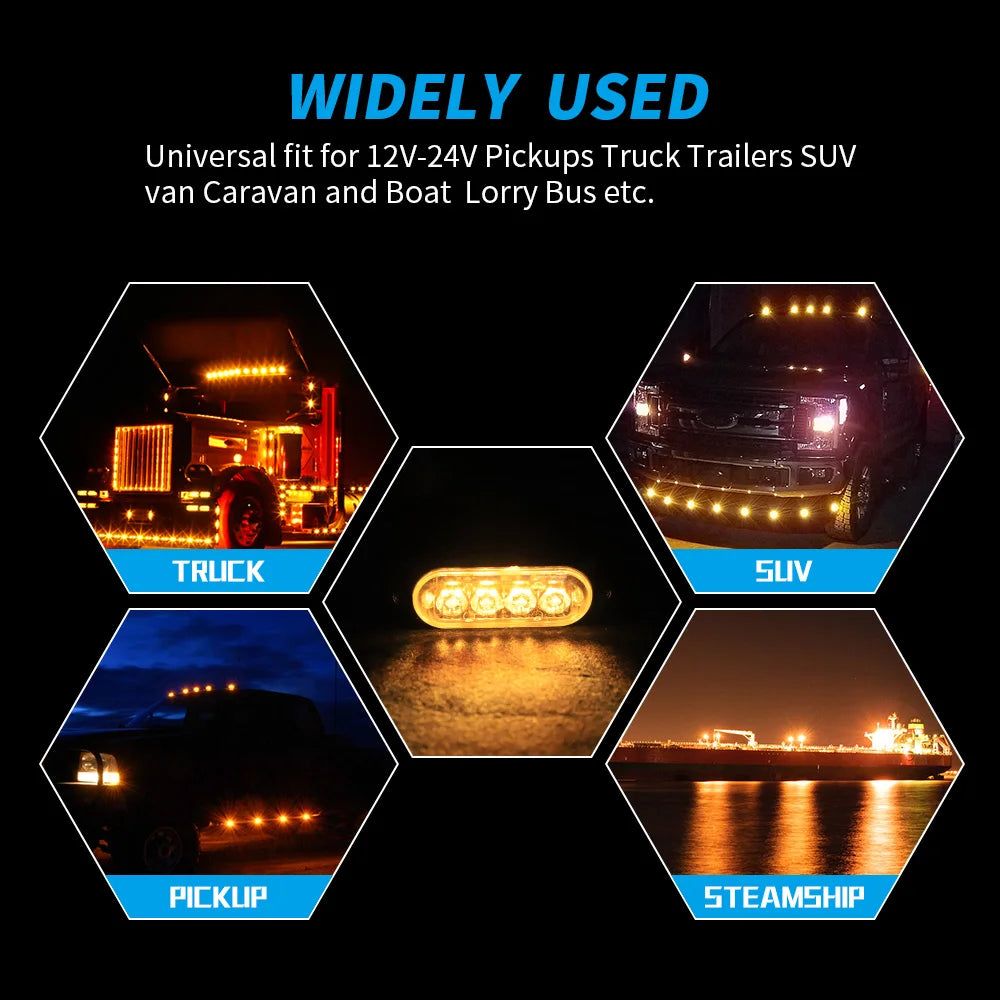 4-Pack Amber LED Warning Lights – 12V/24V Grille & Side Marker Lights for Trucks & Trailers