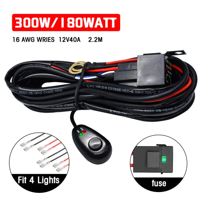 Universal LED Light Wiring Harness Kit - 12v, Relay, Fuse & Switch