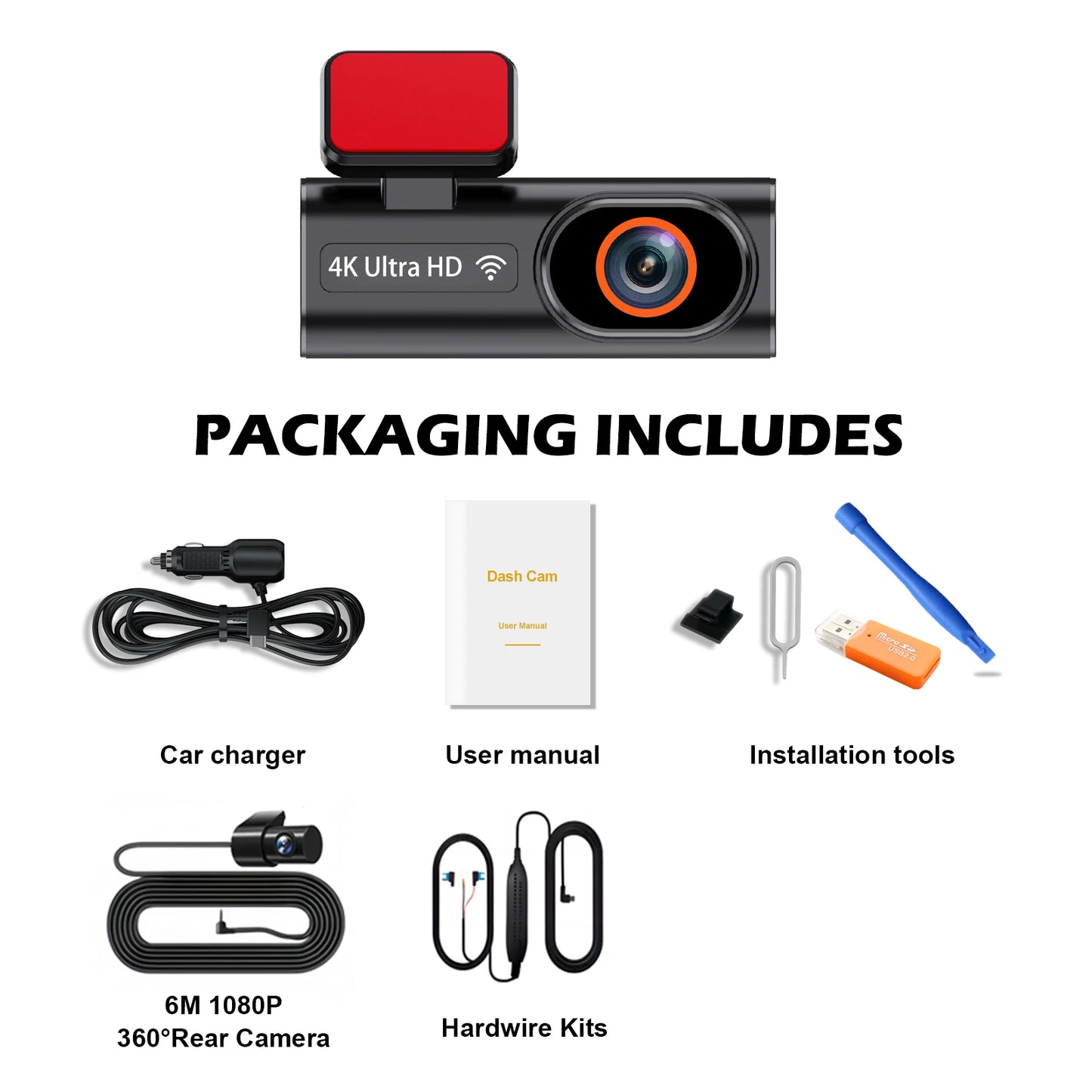 Dual-Lens 4K Dash Cam with Rear Camera (SD Card Included)